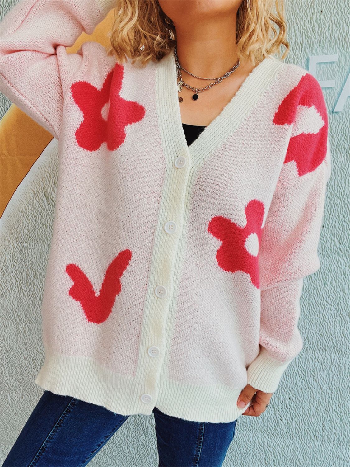 Flower Button Down V-Neck Long Sleeve Cardigan Blush Pink One Size