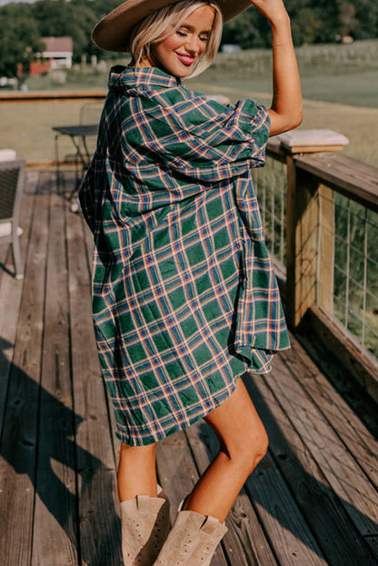 Green Oversized Plaid Half Sleeve Tunic Shirt