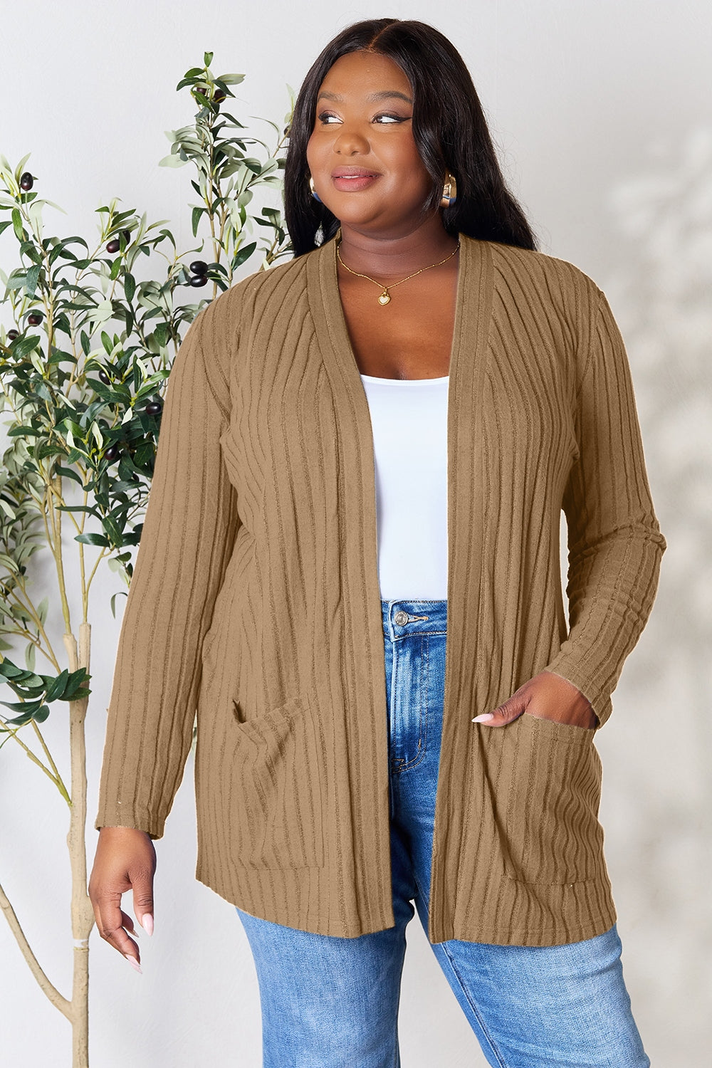 Basic Bae Full Size Ribbed Open Front Cardigan with Pockets Khaki