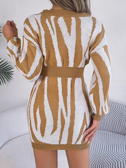 Animal Print V-Neck Long Sleeve Sweater Dress - 100% Acrylic, Moderate Stretch, Machine Washable