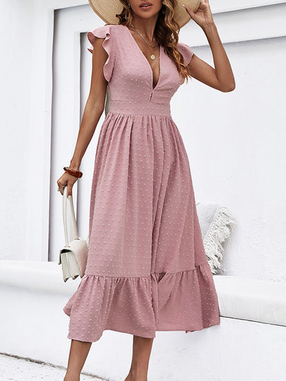 Swiss Dot Ruffled Plunge Dress Dusty Pink