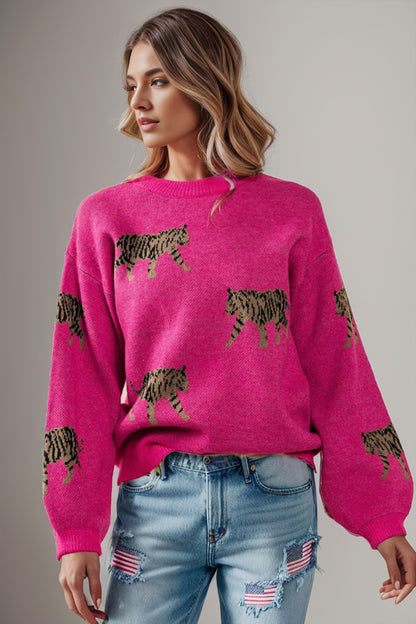 Tiger Pattern Round Neck Drop Shoulder Sweater Hot Pink