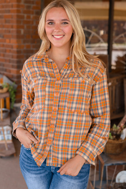 Plaid Collared Neck Shirt Tangerine