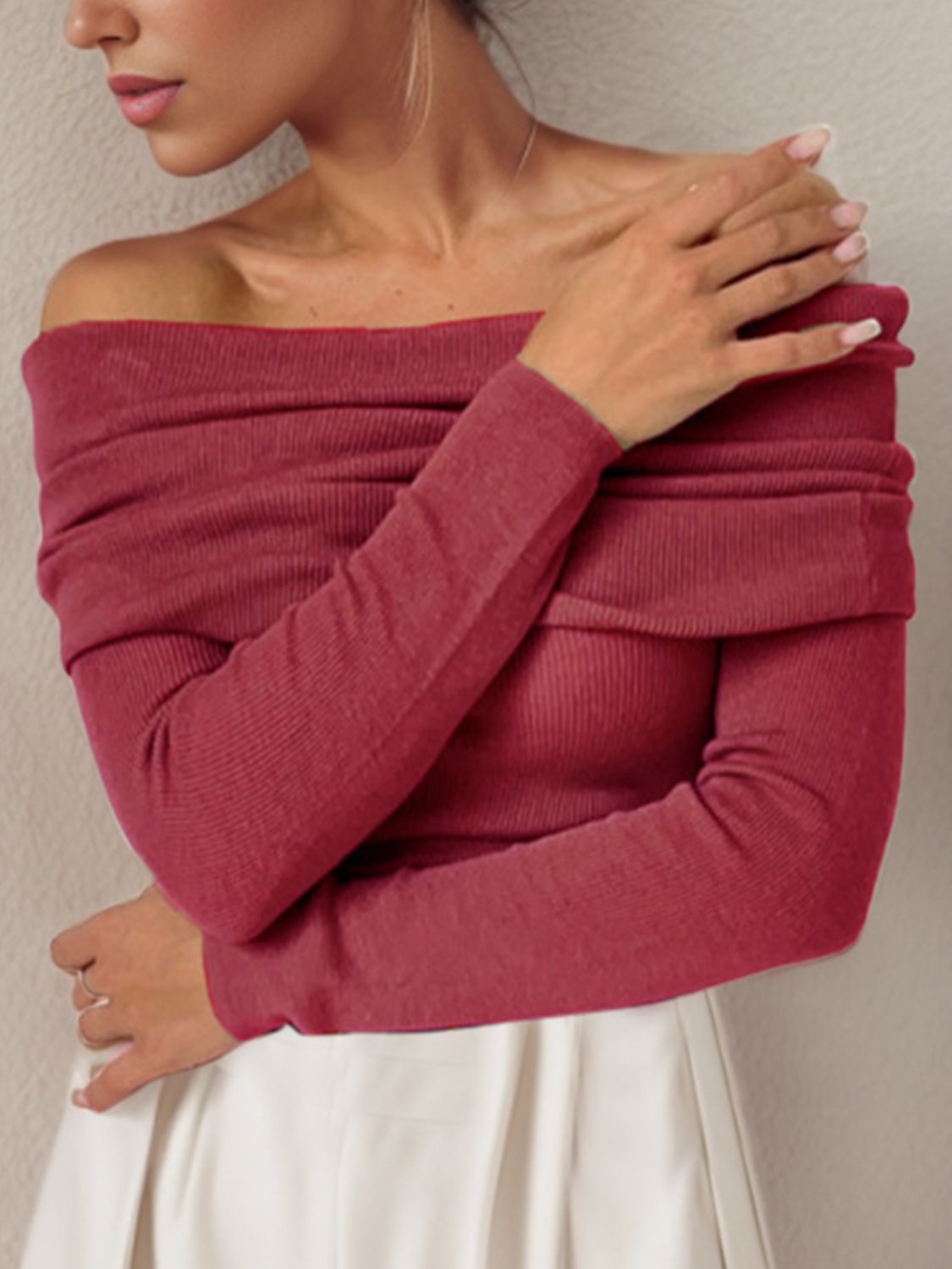 Off-Shoulder Long Sleeve Sweater Burgundy