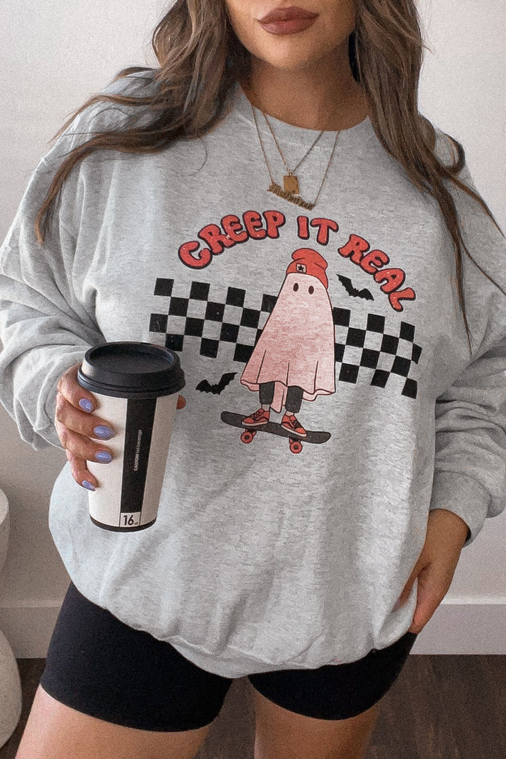 Light Grey Creep It Real Ghost Print Plus Size Sweatshirt Light Grey 50%Polyester+50%Cotton