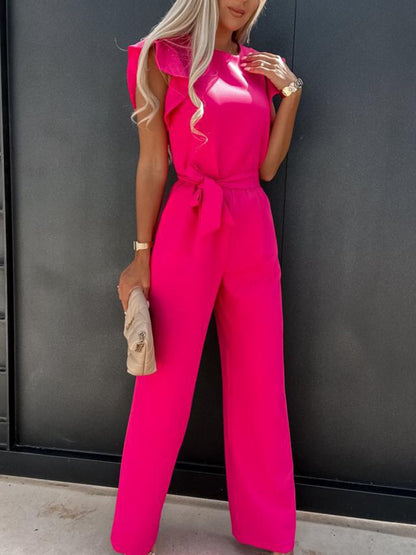 Ruffled Round Neck Cap Sleeve Jumpsuit Hot Pink