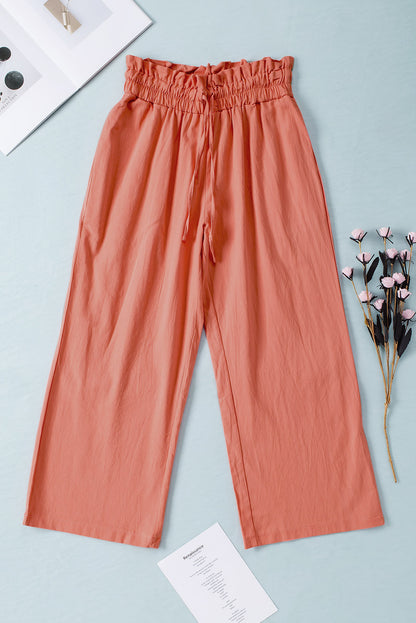 Drawstring Paperbag Waist Wide Leg Pants Coral