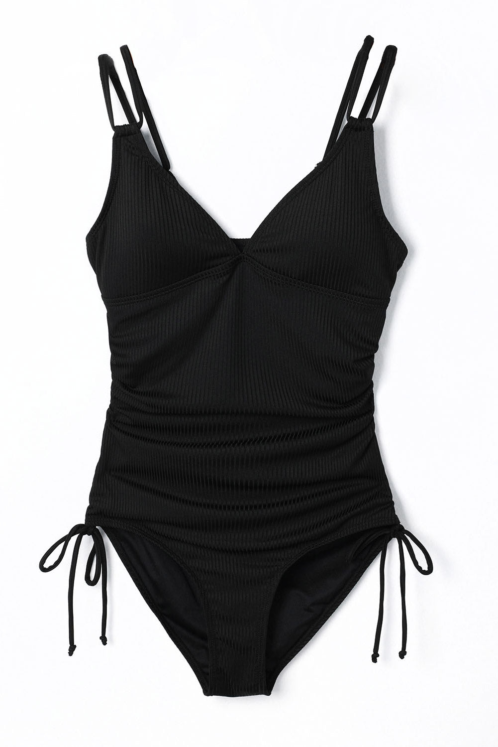 Black Adjustable Straps Ribbed Knit One Piece Swimsuit