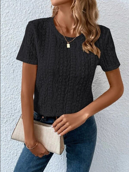 Eyelet Round Neck Short Sleeve T-Shirt Black