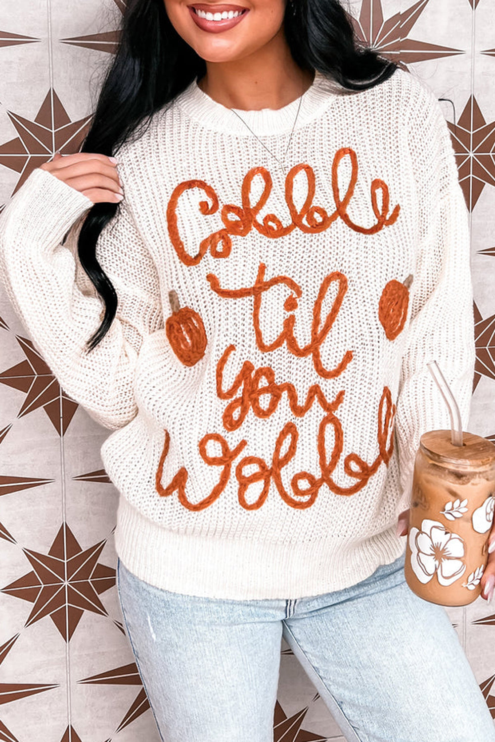 White Gobble Til You Wobble Pop Up Crochet Plus Size Sweater White 60%Cotton+40%Acrylic