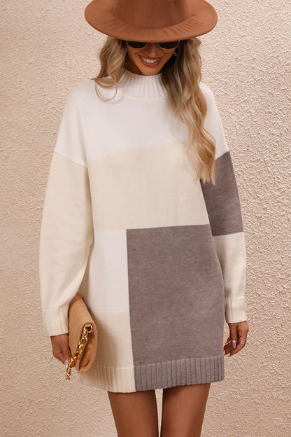 Color Block Mock Neck Dropped Shoulder Sweater Dress Ivory