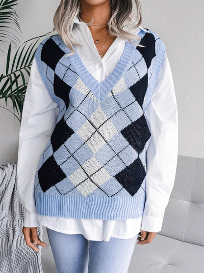 Plaid V-Neck Sweater Vest Light Blue