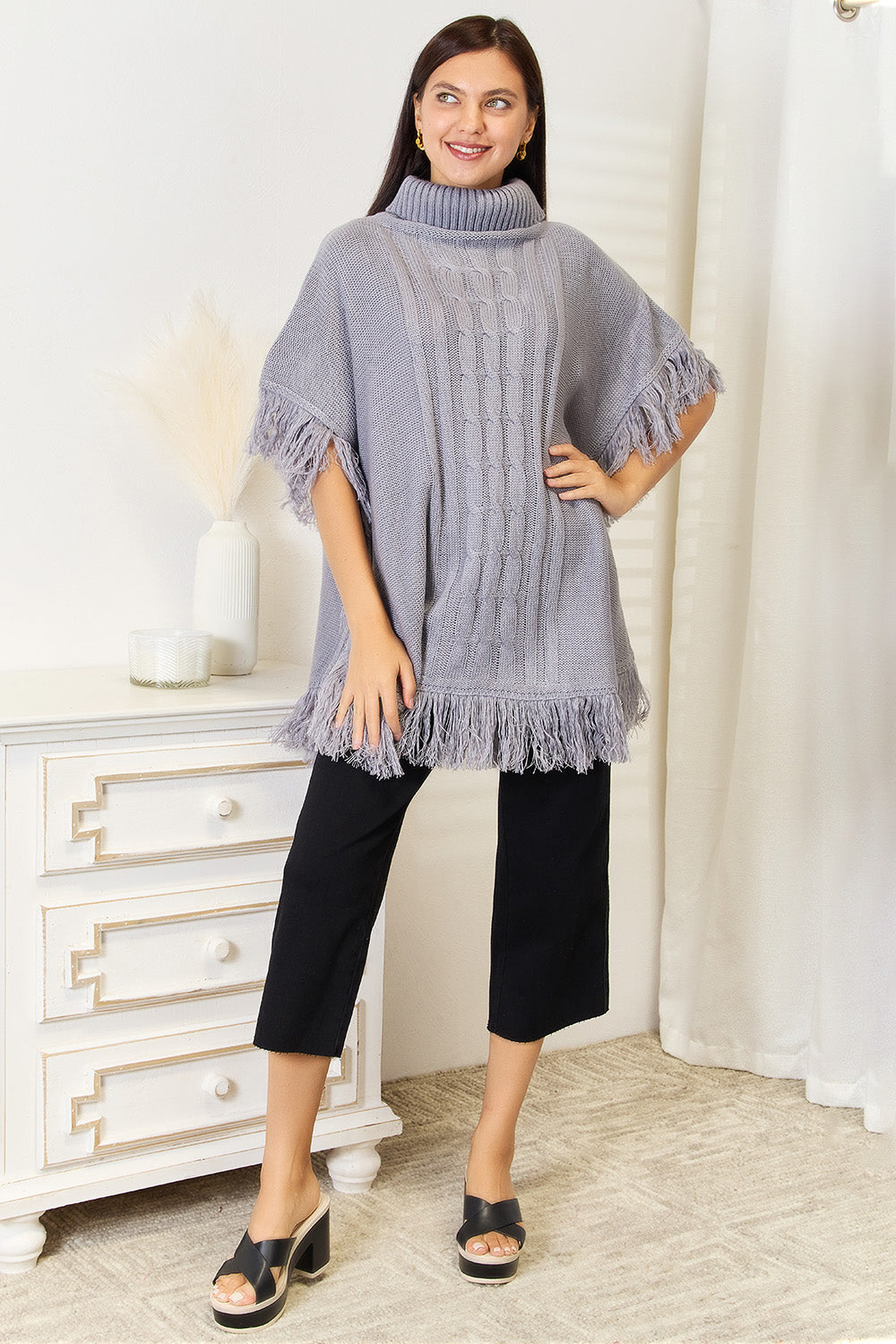 Justin Taylor Turtle Neck Fringe Poncho - Thandynie