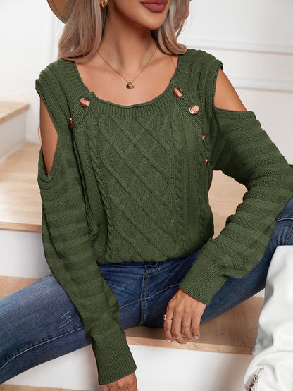 Decorative Button Cold-Shoulder Sweater Army Green