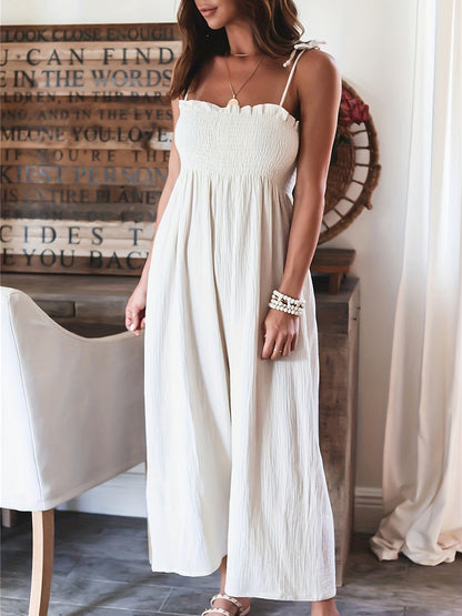 Full Size Smocked Spaghetti Strap Wide Leg Jumpsuit White