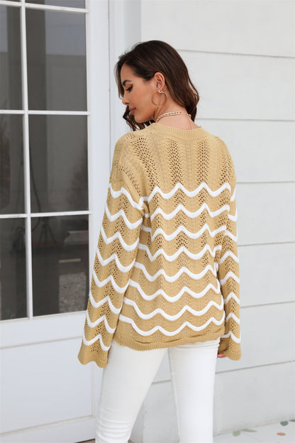 Wave Pattern Round Neck Long Sleeve Sweater