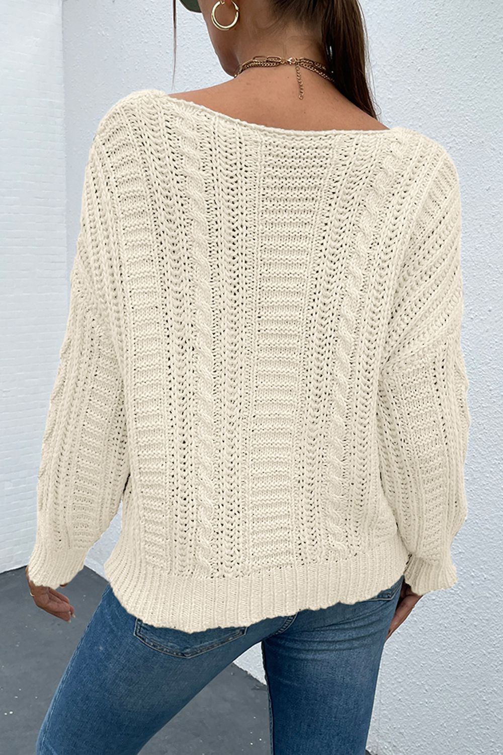 V-Neck Cable-Knit Long Sleeve Sweater