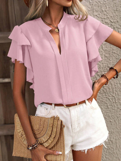 Ruffled Notched Short Sleeve Blouse Blush Pink