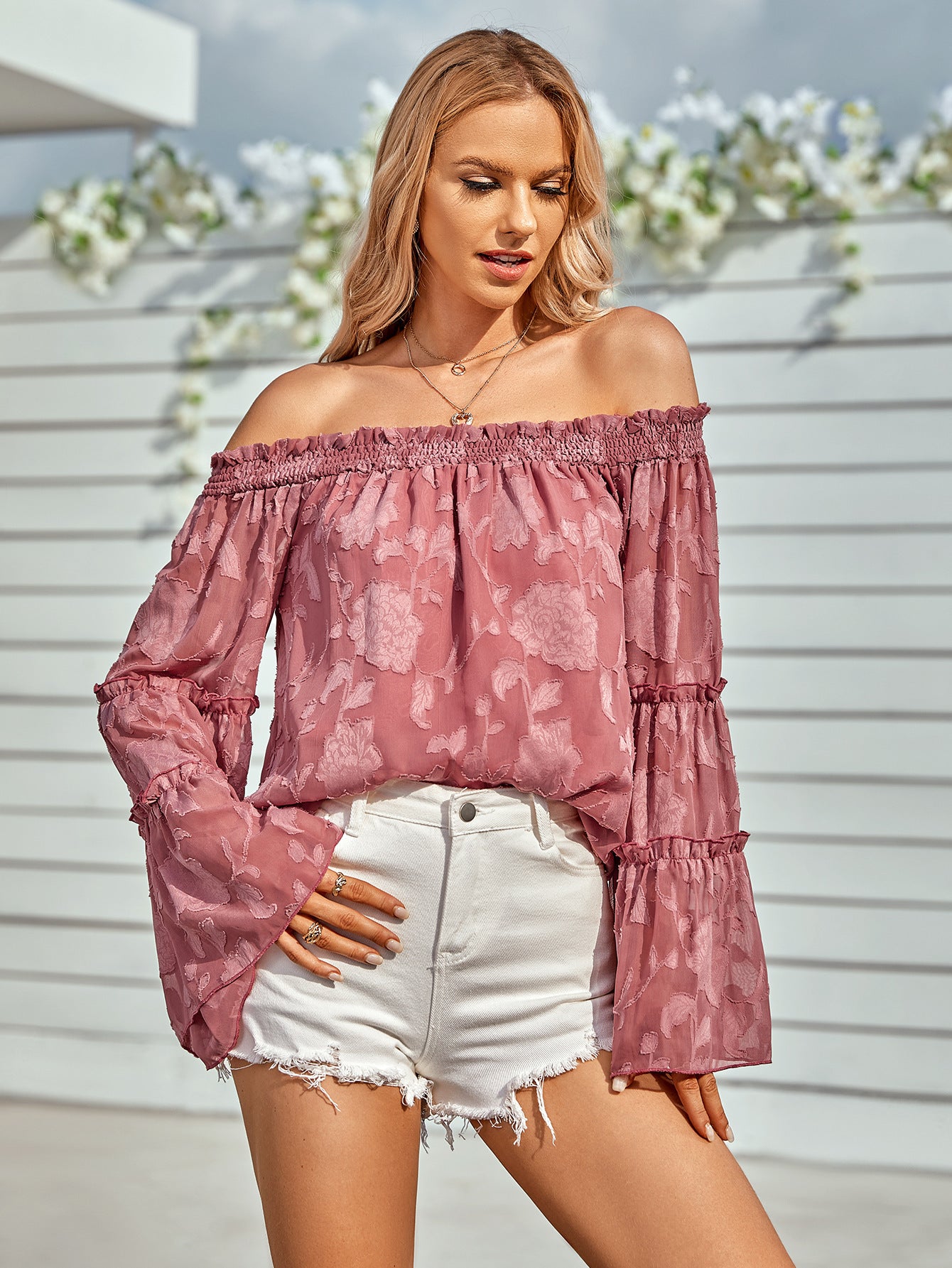 Applique Flounce Sleeve Off-Shoulder Blouse Dusty Pink