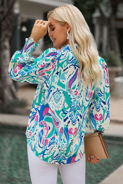 Printed Puff Sleeve Collared Blouse