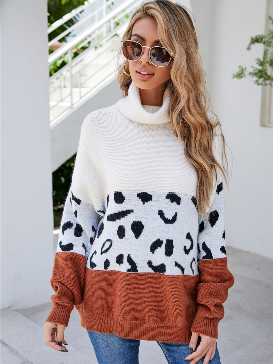 Leopard Color Block Turtleneck Sweater