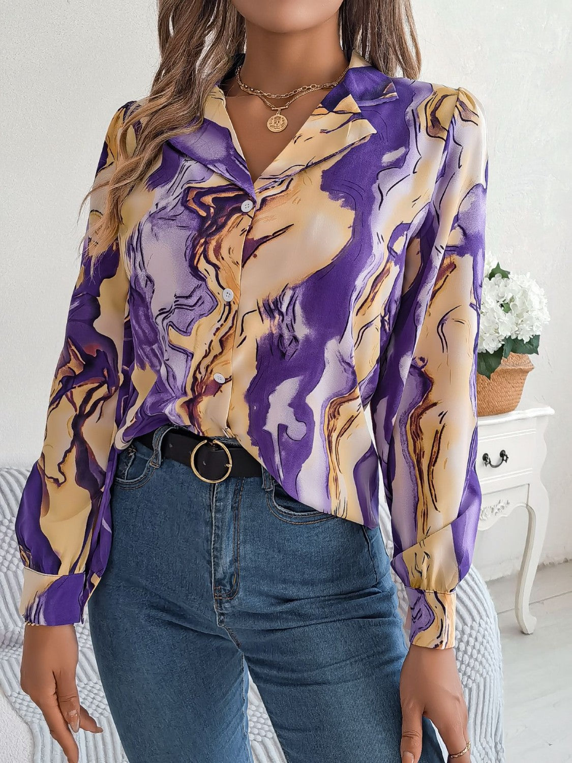 Printed Button Up Long Sleeve Shirt - Thandynie