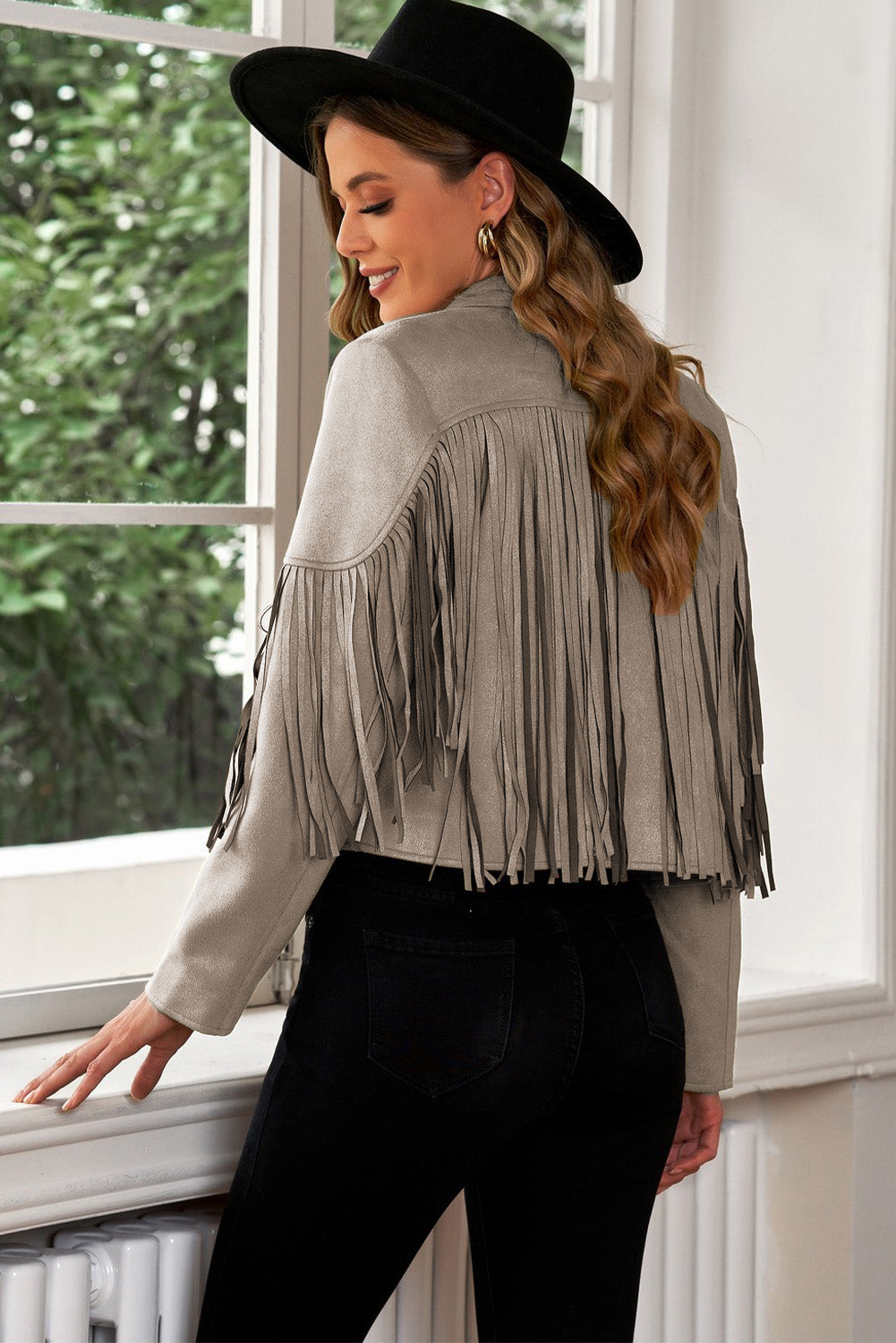 Fringe Trim Lapel Collar Cropped Blazer - Thandynie