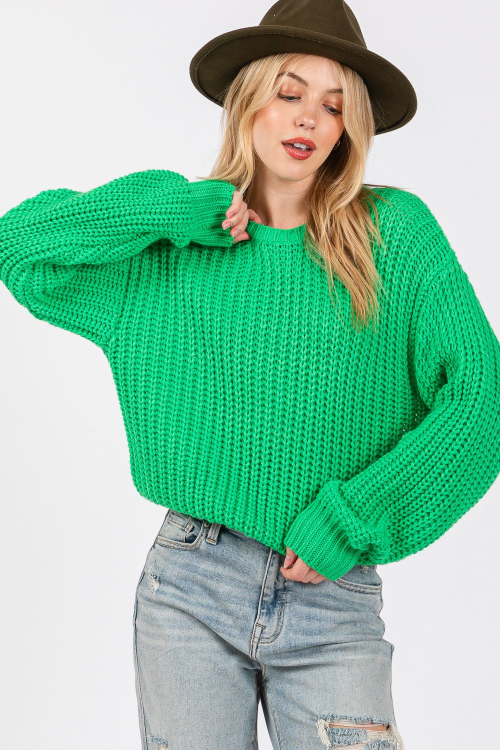 SAGE + FIG Round Neck Drop Shoulder Sweater Green