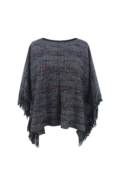 Round Neck Fringe Detail Sleeve Poncho Black One Size