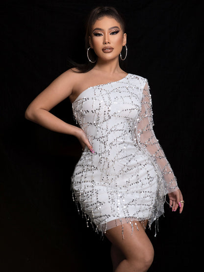 Sequin One Shoulder Spliced Mesh Sleeve Dress White