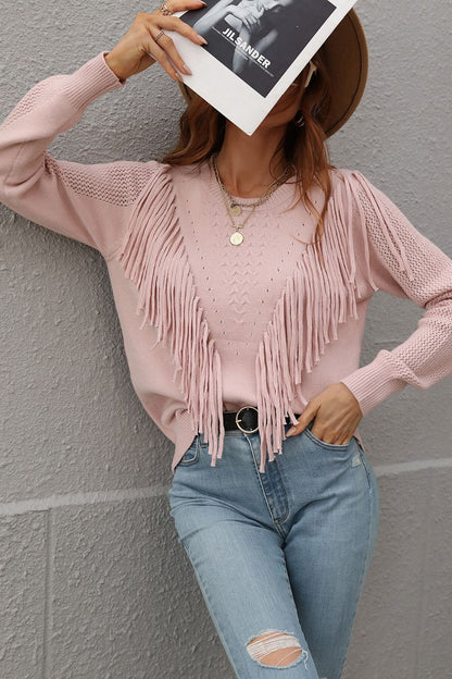 Fringe Detail Ribbed Trim Sweater