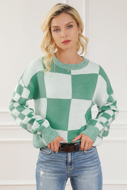 Checkered Drop Shoulder Long Sleeve Sweater Gum Leaf