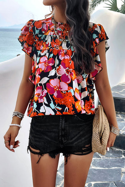 Smocked Printed Mock Neck Cap Sleeve Blouse