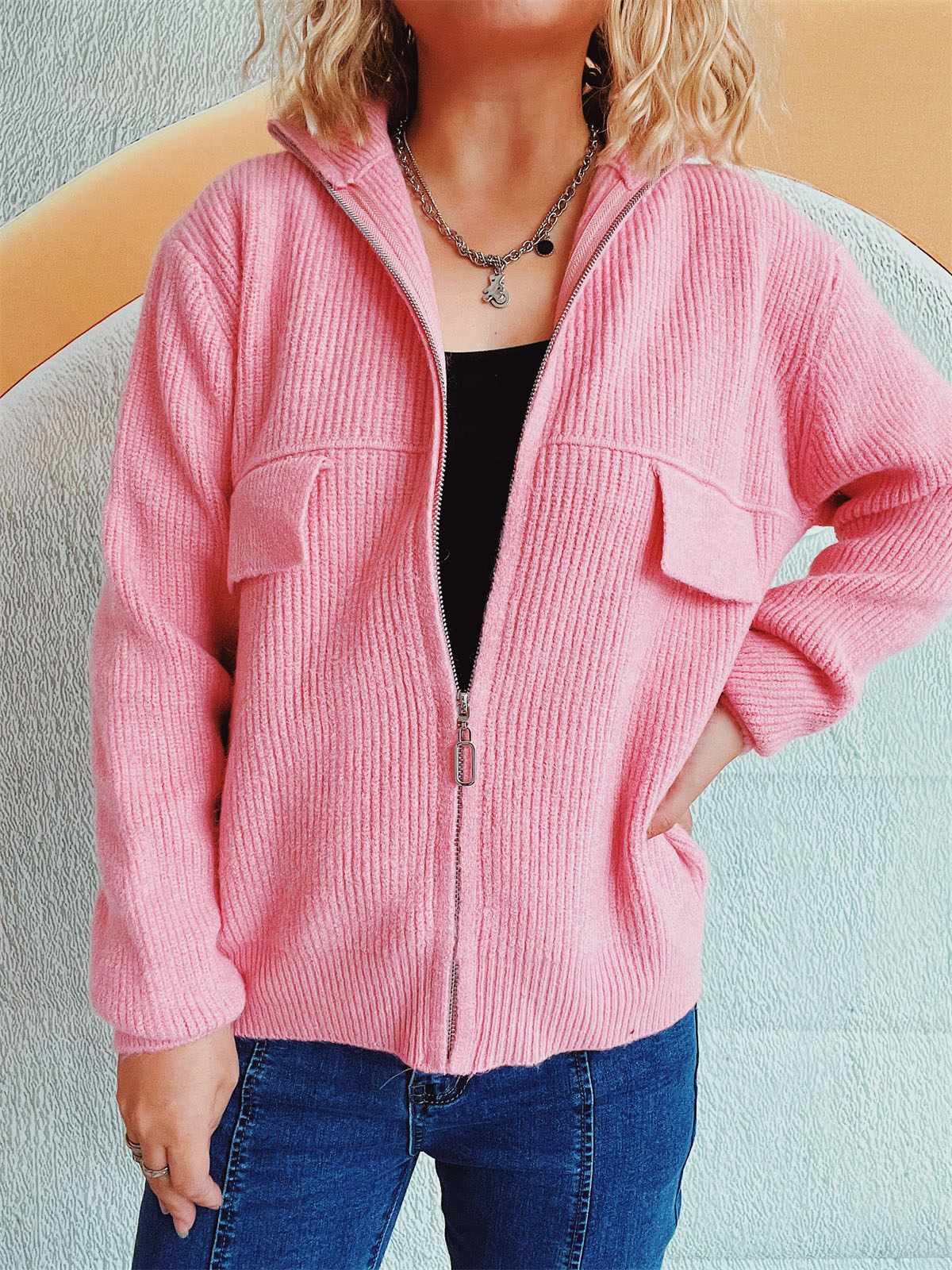 Zip Up Collared Neck Long Sleeve Cardigan Pink One Size