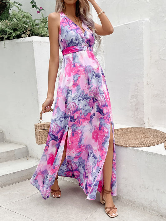 Printed Open Back Slit Sleeveless Dress Multicolor