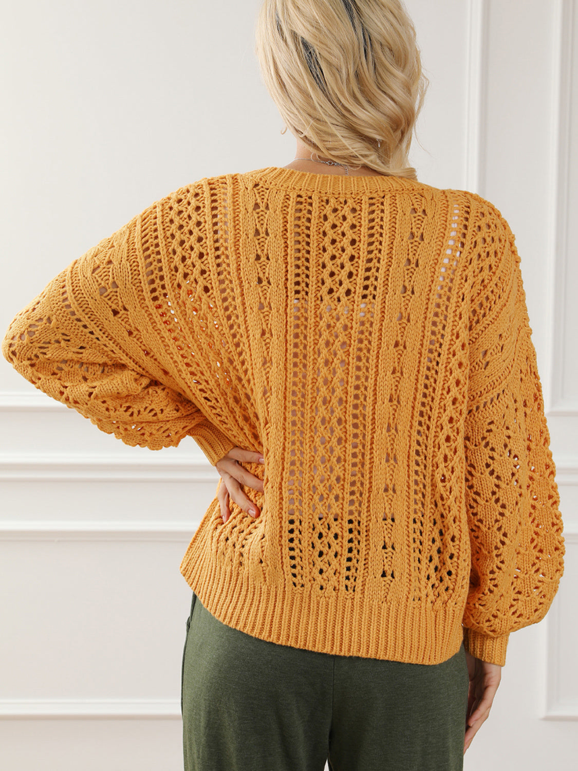 Openwork Round Neck Long Sleeve Sweater