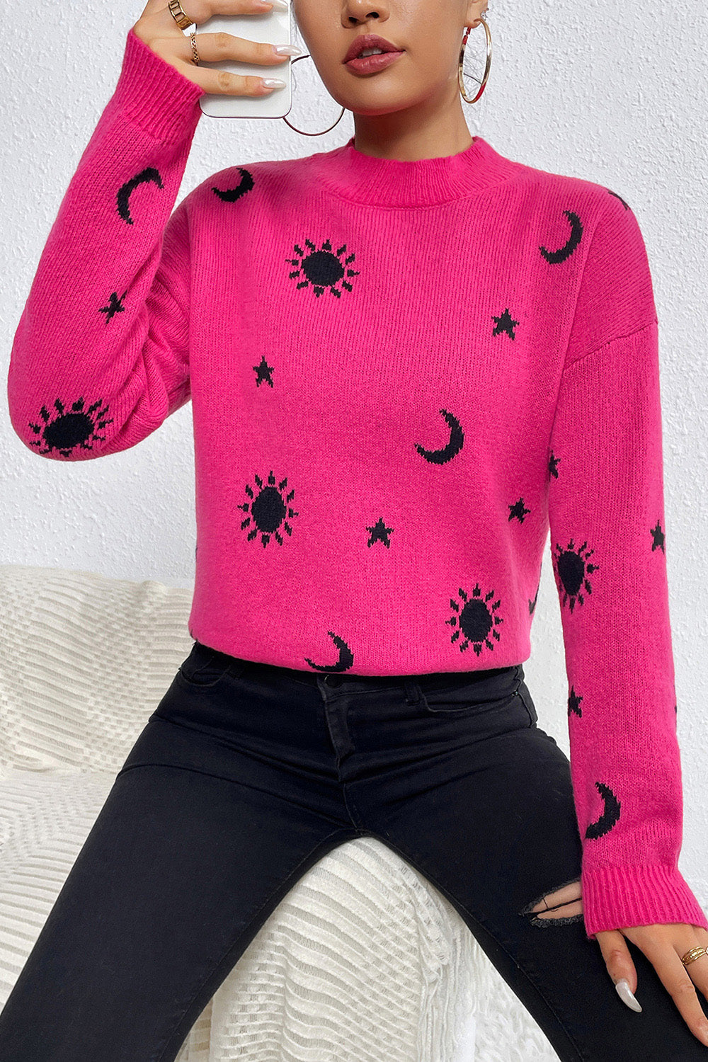 Graphic Mock Neck Dropped Shoulder Sweater Hot Pink