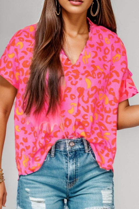 Printed V-Neck Cap Sleeve Blouse Hot Pink