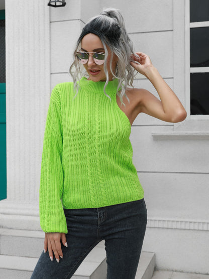 Cable-Knit Round Neck Asymmetrical Sweater Neon Green