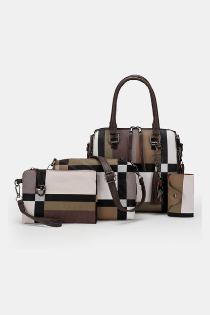 4-Piece Color Block PU Leather Bag Set Mocha One Size