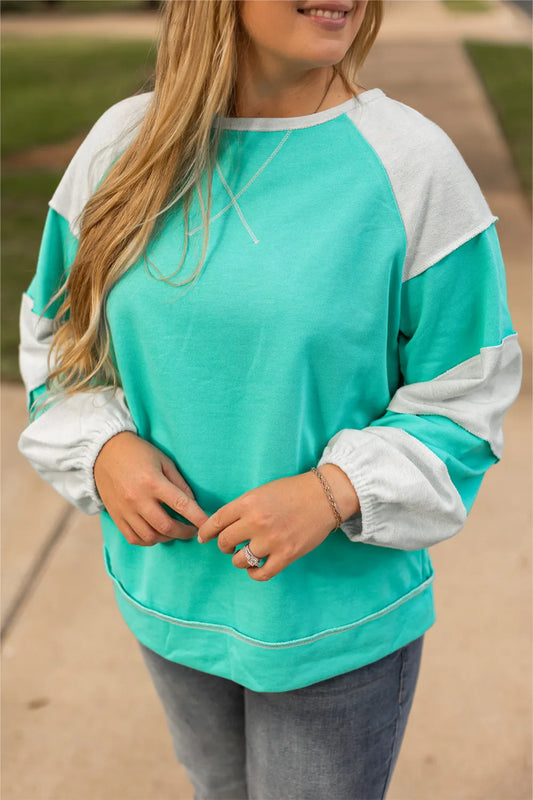 Plus Size Exposed Seam Color Block Long Sleeve Sweatshirt Turquoise