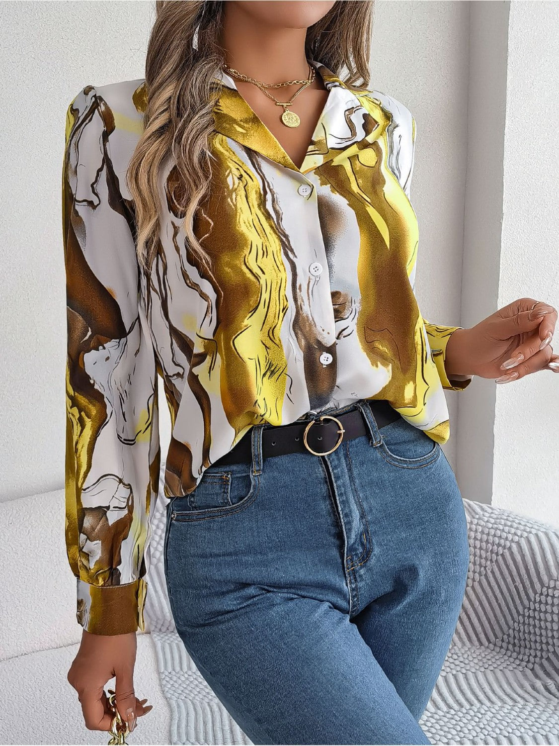 Printed Button Up Long Sleeve Shirt Yellow