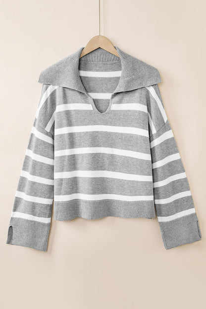 Striped Collared Neck Slit Sweater Light Gray