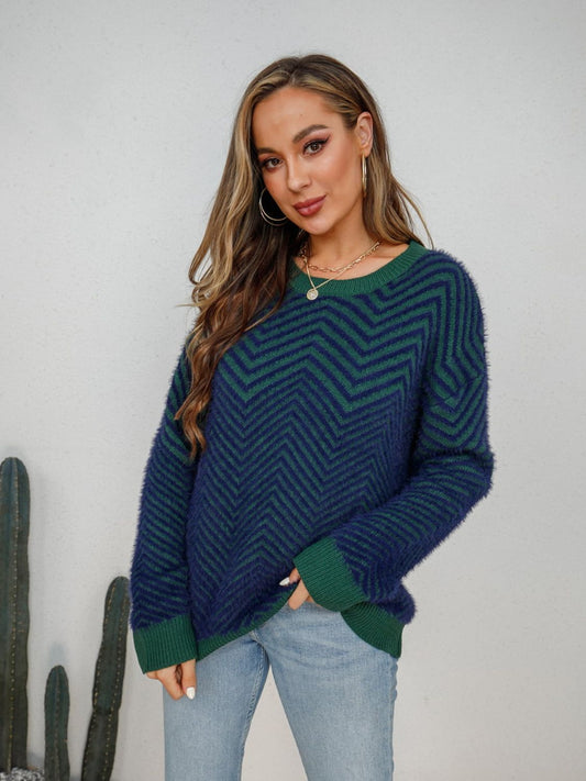 Round Neck Long Sleeve Sweater French Blue