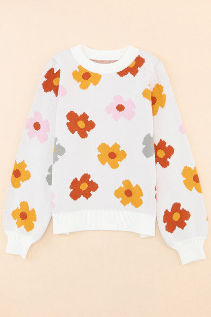 Floral Round Neck Sweater White