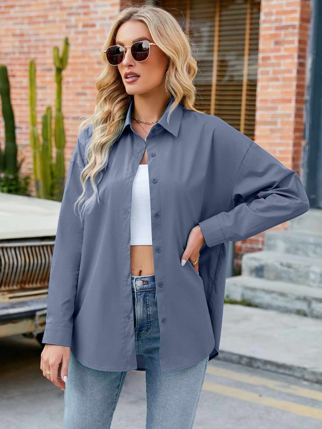 Button Up Collared Neck Long Sleeve Shirt Dusty Blue