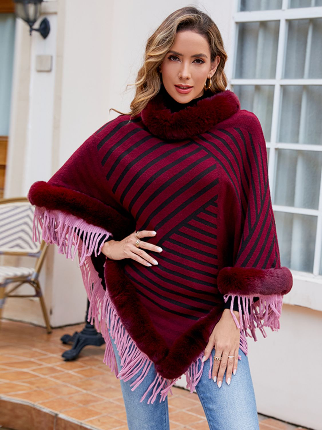 Striped Fringe Hem Poncho - Thandynie