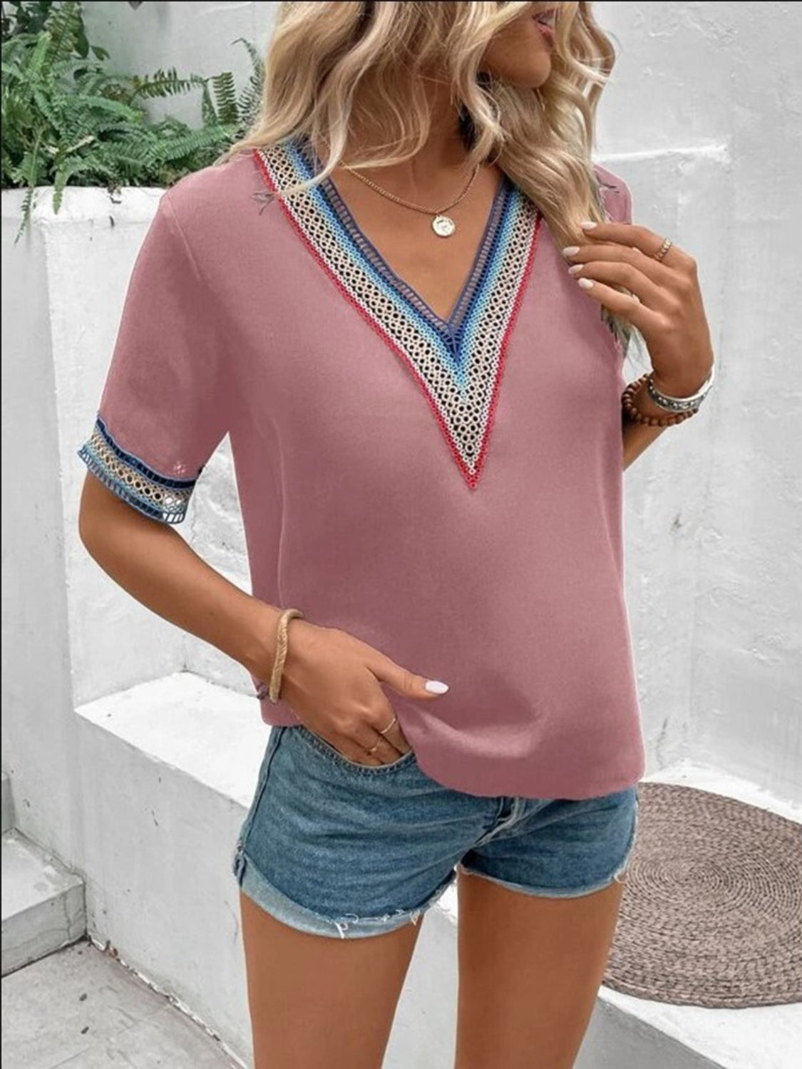 Full Size V-Neck Short Sleeve Blouse