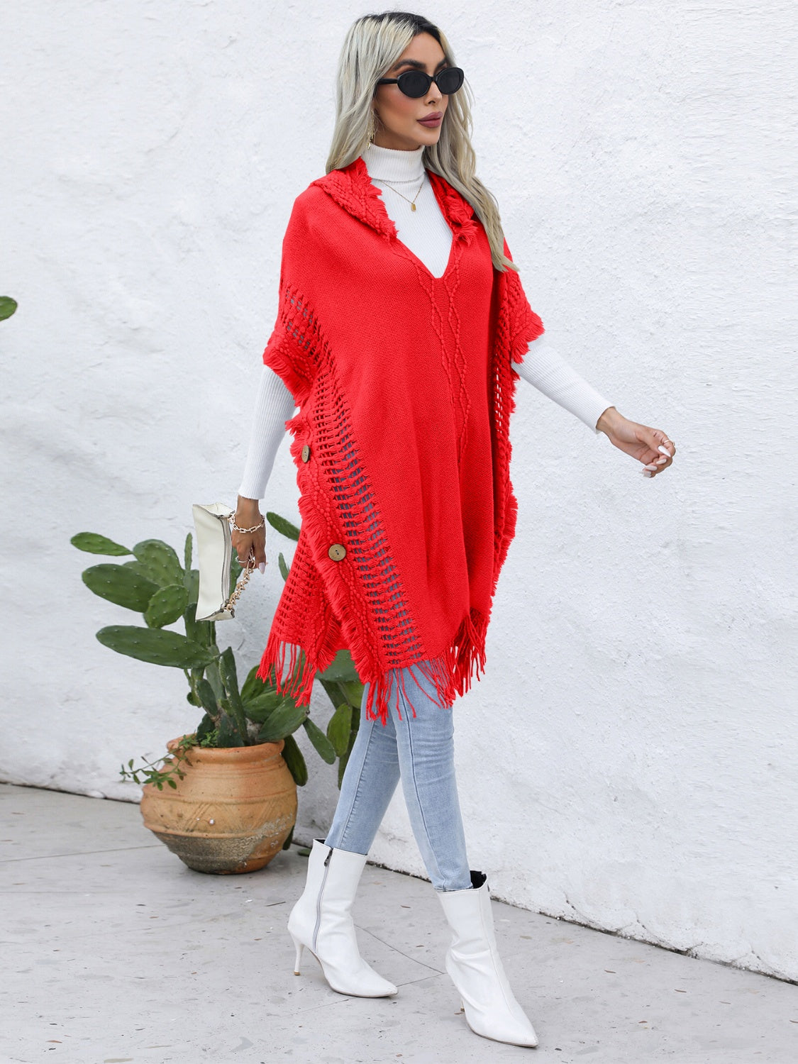 Fringe Trim Buttoned Hooded Poncho - Thandynie