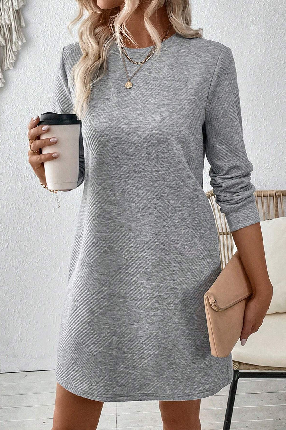 Gray Solid Color Textured Long Sleeve Shift Dress